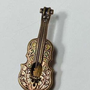 Vintage Signed SPAIN Enamel Damascene Violin Guitar Brooch Pin